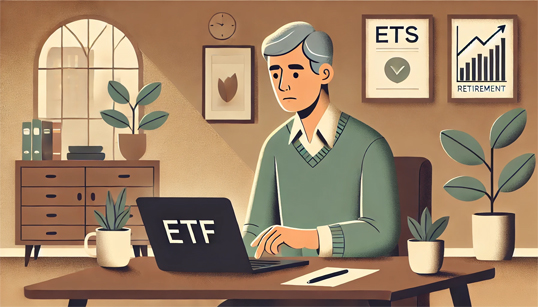 Person in their 50s researching best ETFs for retirement after 50 on a laptop in a calm, warm-toned setting