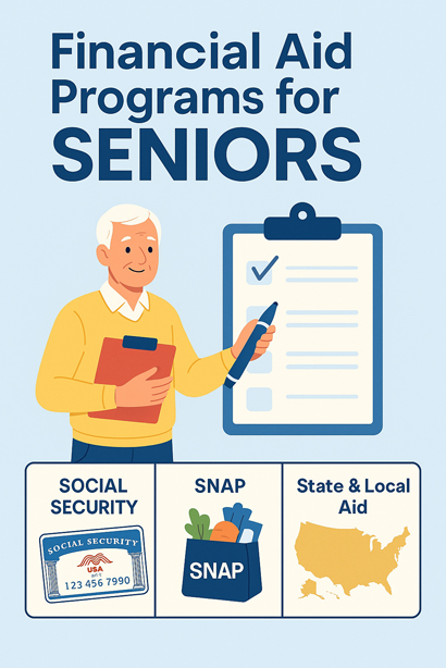"Illustration of a senior man holding a checklist with icons of Social Security, SNAP, and State & Local Aid programs."