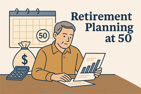 Illustration of a middle-aged man planning to retire when you start saving at 50