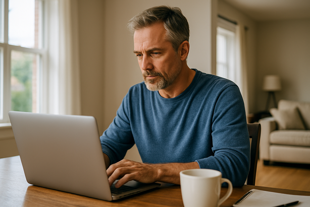 Middle-aged man working on a laptop at home as a side hustle opportunity for people over 50