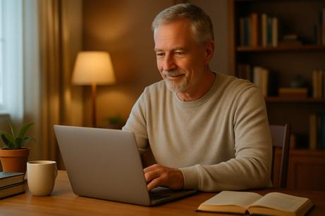 Older adult typing on laptop from cozy home office