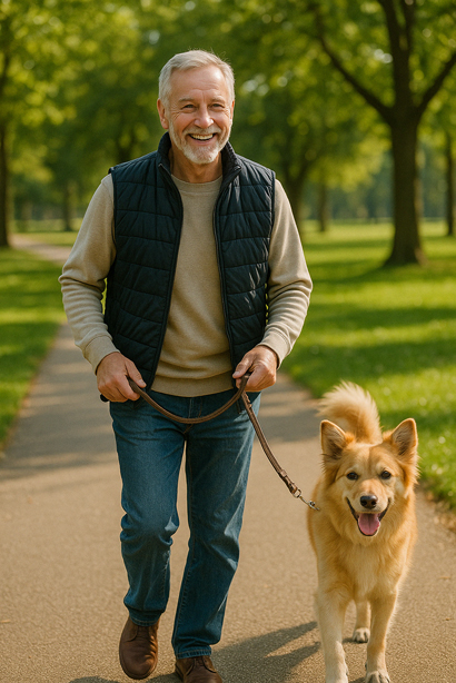 Smiling senior walking a dog in the park on a sunny day