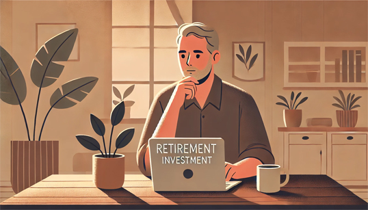 Middle-aged person reviewing retirement investments, how to start investing at 50 at home with calm focus, in a warm earth-toned setting