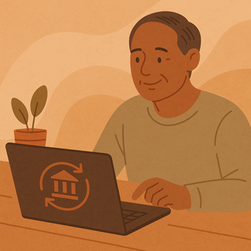 start investing $100 after 50. Middle-aged person setting up automatic deposit on laptop with calm, hopeful expression