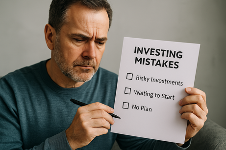 Middle-aged person reviewing a checklist of investing mistakes to avoid, in a calm, warm home setting